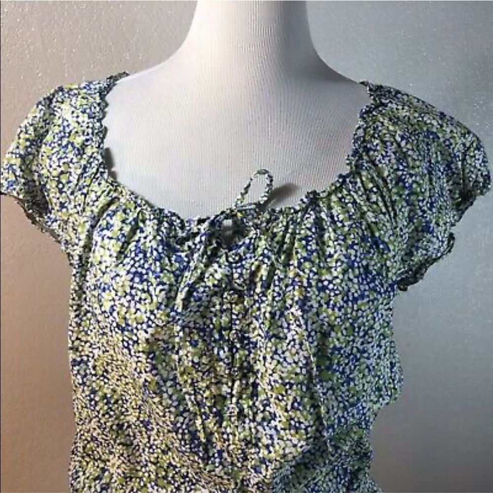 LIZ & CO Blue Lime Green Boho Blouse XL